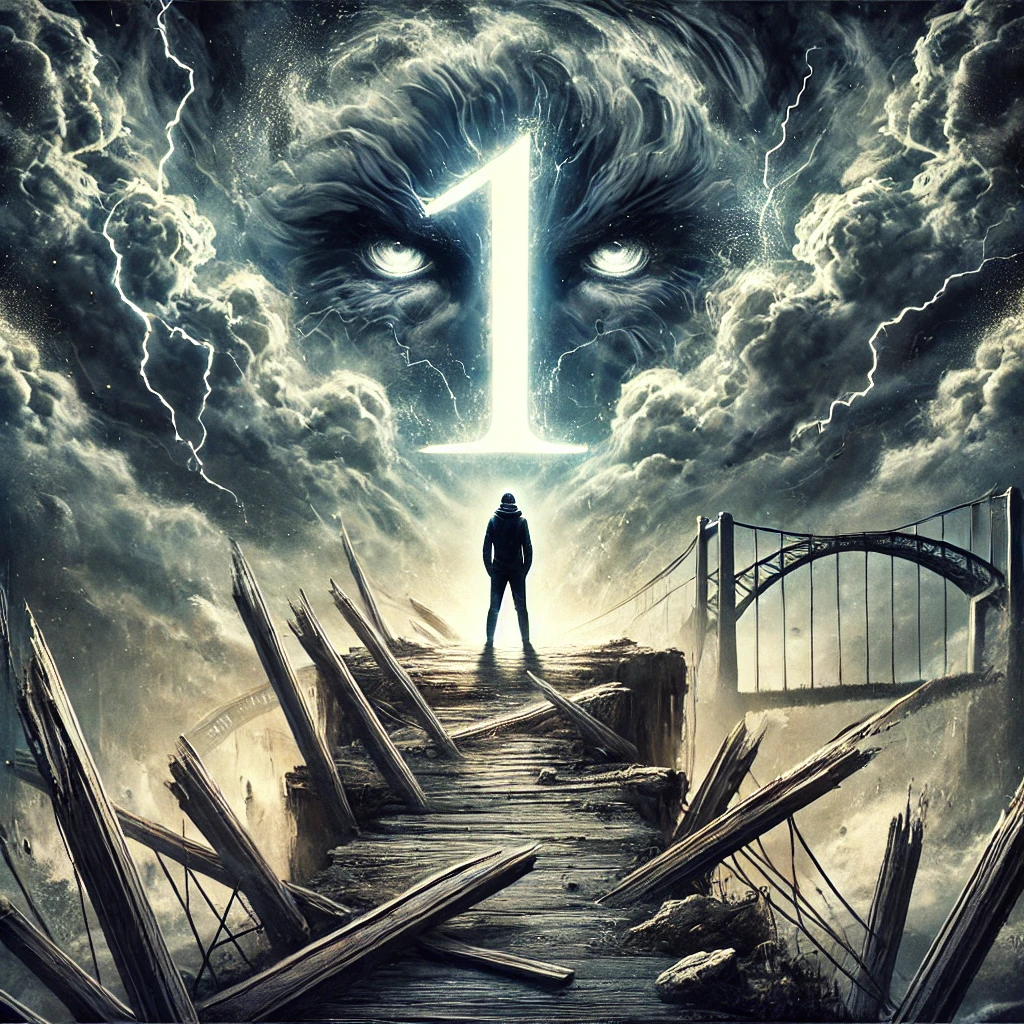 A visually striking digital illustration representing the negative traits of numerology number 1. The image features a lone figure standing on a high pedestal, symbolizing ego and dominance, with a stormy sky in the background. The figure looks impatient and frustrated, surrounded by broken bridges representing stubbornness and difficulty in relationships. The overall mood is intense and dramatic, emphasizing arrogance, restlessness, and control.