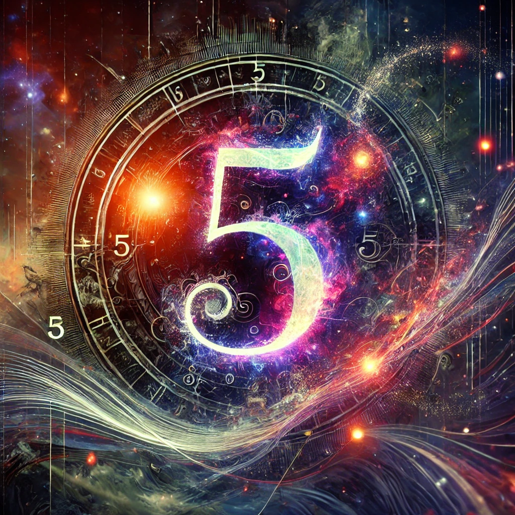 A mystical and artistic banner image for an article about the negative traits of Number 5 in numerology. The design should include a cosmic or zodiac-inspired background with a dark yet vibrant theme. The number 5 should be prominently displayed in a creative and slightly chaotic style, symbolizing its restless and unpredictable nature. Subtle elements like glowing energy waves, abstract patterns, and a mysterious aura can enhance the visual appeal. The text 'Negative Traits of Number 5 in Numerology' should be included stylishly within the design.