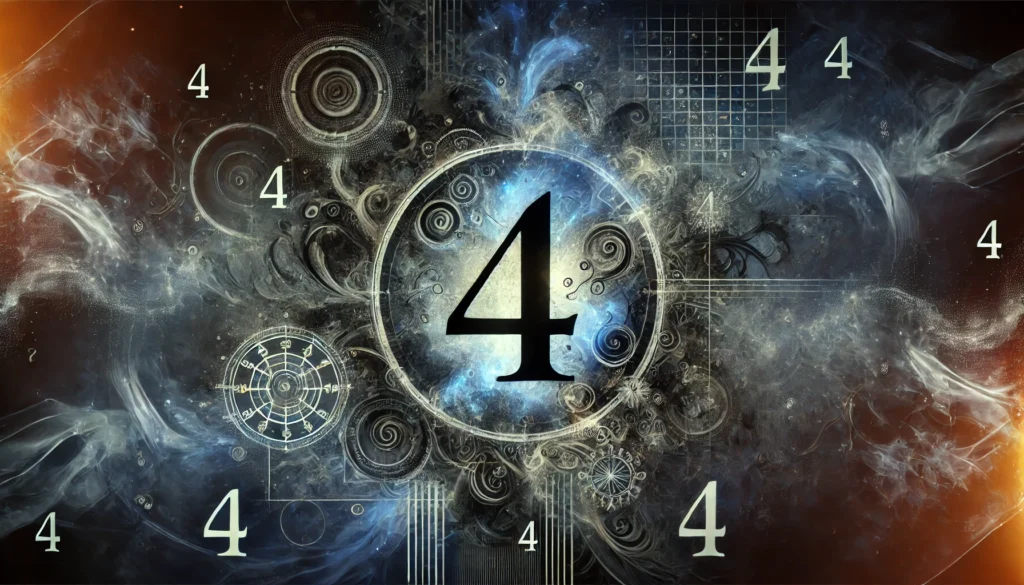 A mystical and artistic banner image for an article on the negative traits of Number 4 in numerology. The image should feature a dark, mysterious background with glowing numerology symbols, especially the number 4, subtly embedded in the design. A creative yet ominous aura should be present, symbolizing the hidden dark side of creativity. Include abstract patterns, a blend of blue and black hues, and a sense of structured energy.