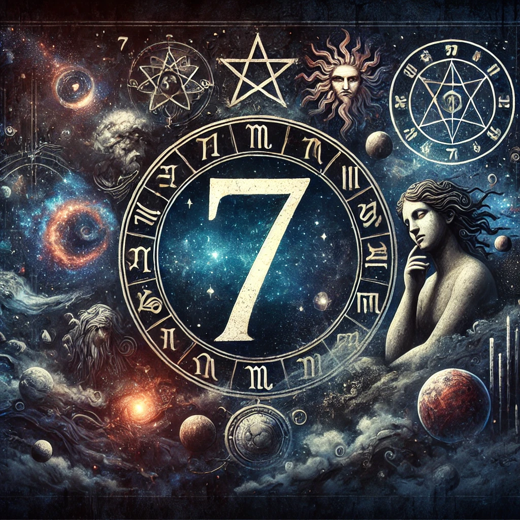 A mystical and artistic banner image for an article about the negative traits of Number 7 in numerology. The design should feature a dark, mysterious background with cosmic and astrological elements. The number '7' should be prominently displayed, surrounded by symbolic imagery representing introspection, isolation, overthinking, and spiritual energy. The overall tone should be deep, enigmatic, and slightly eerie, conveying the hidden dark side of wisdom and intellect.