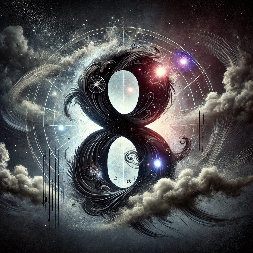 A mystical and artistic banner image representing the negative traits of Number 8 in numerology. The image features a dark cosmic background with the number 8 glowing in an eerie, shadowy aura. Subtle elements like stormy clouds, shattered structures, and an intense energy field symbolize the challenges associated with this number, such as power struggles, material obsession, and karmic burdens. The overall mood is mysterious and thought-provoking, blending esoteric symbols with a modern artistic touch.