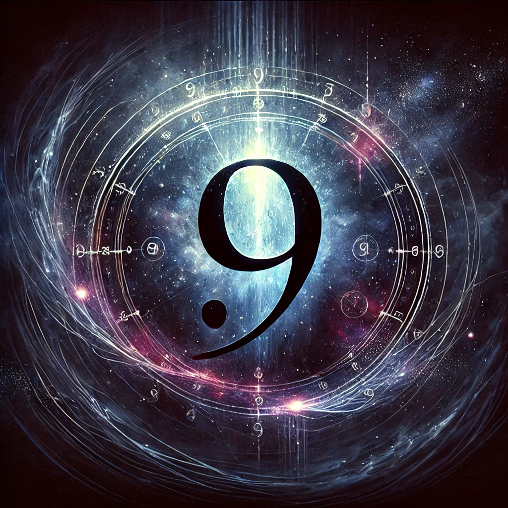 A mystical and artistic banner image representing the dark side of Number 9 in numerology. The image should feature a deep cosmic background with a glowing, shadowed number 9 at the center. The atmosphere should feel mysterious, with a mix of dark blue, purple, and black hues. Subtle energy waves and ancient numerology symbols should surround the number, giving it a mystical and esoteric feel. The overall aesthetic should evoke a sense of introspection, transformation, and hidden truths.