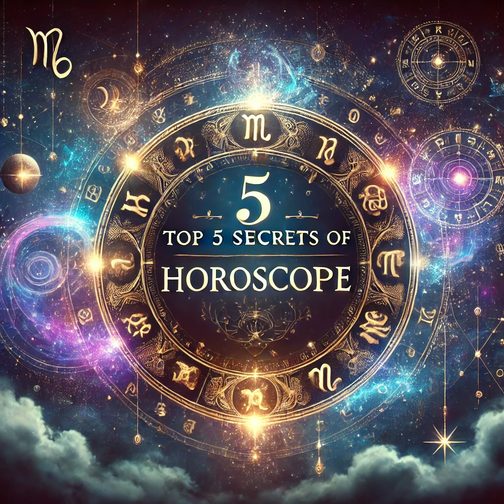 A mystical and cosmic-themed banner featuring zodiac symbols, a glowing astrological chart, and a mysterious celestial background. The image should have a deep blue and purple color palette with golden highlights to create an enchanting and magical feel. The words 'Top 5 Secrets of Horoscope' should be elegantly placed in the center with a mystical font. Stars, planets, and constellations should add to the mystical ambiance.