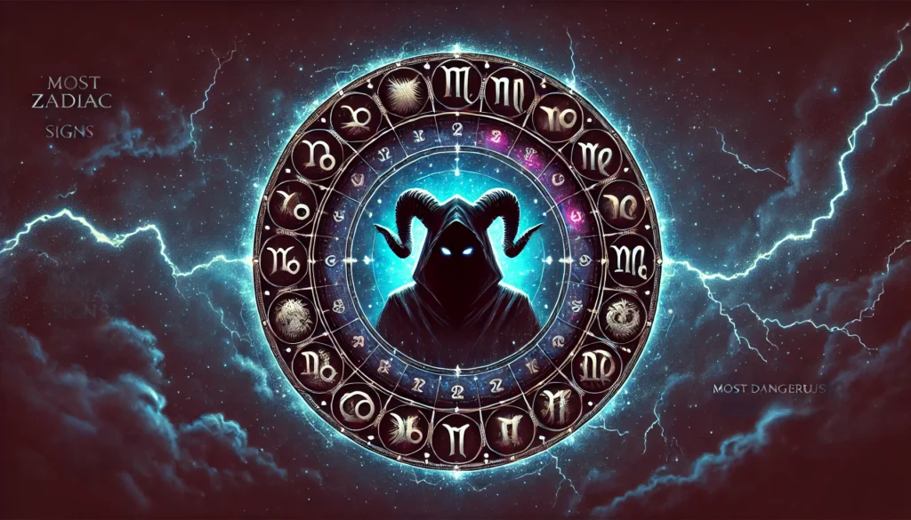 A dark and mystical banner featuring all 12 zodiac signs arranged in a circular pattern with a glowing, ominous aura. The background is deep cosmic blue with subtle lightning effects. A mysterious shadowy figure in the center represents hidden danger, enhancing the theme of 'Most Dangerous Zodiac Signs'. The design is mystical, slightly eerie, and captivating.