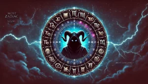 A dark and mystical banner featuring all 12 zodiac signs arranged in a circular pattern with a glowing, ominous aura. The background is deep cosmic blue with subtle lightning effects. A mysterious shadowy figure in the center represents hidden danger, enhancing the theme of 'Most Dangerous Zodiac Signs'. The design is mystical, slightly eerie, and captivating.